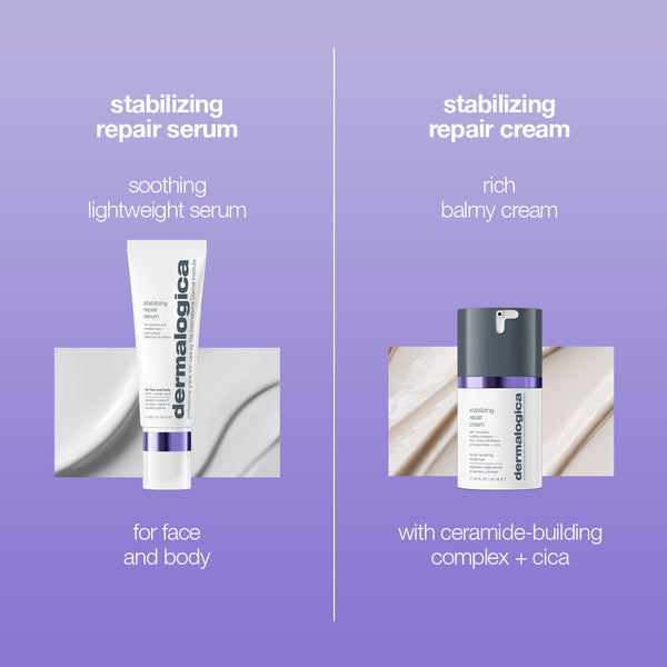 On a purple background, two Dermalogica South Africa products are displayed: a tube labeled stabilizing repair face + body serum and a bottle labeled stabilizing repair cream. Text highlights their soothing benefits, ceramide-building properties for redness relief, and support for the skin’s moisture barrier.