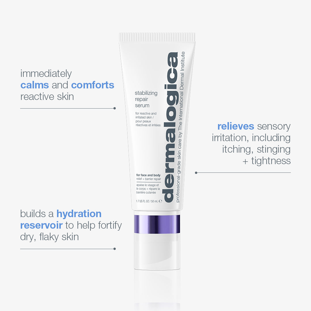 A tube of Dermalogica South Africa stabilizing repair face + body serum stands upright, surrounded by text highlighting its calming, comforting, hydrating benefits and effective redness relief for irritated and eczema-prone skin. The white tube with purple and silver accents emphasizes its advanced formula, specially designed to support the skin’s moisture barrier.