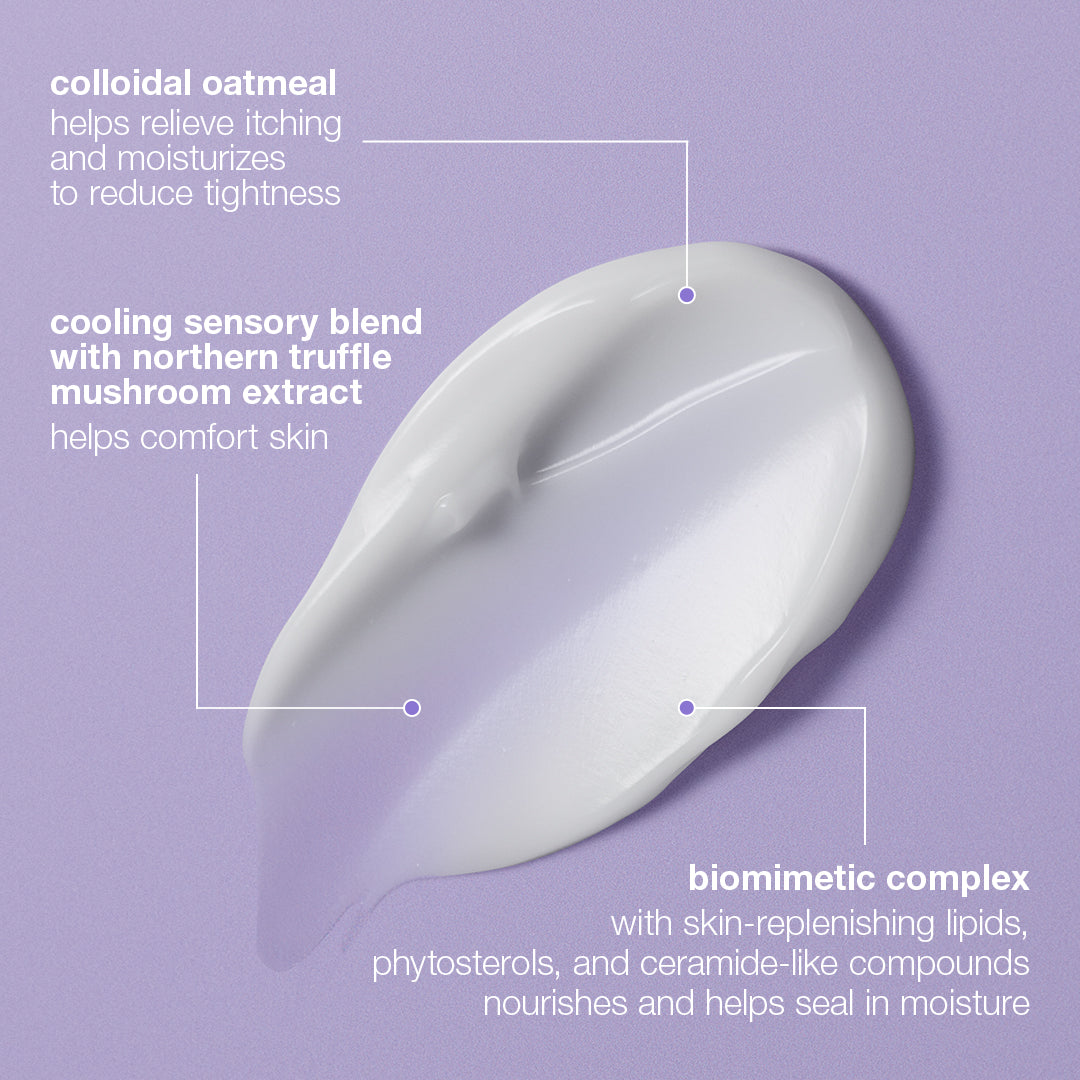 A smear of creamy white Dermalogica South Africa’s stabilizing repair face + body serum on a lavender background, labeled with benefits like itch relief, comfort from truffle mushroom extract, and skin nourishment from a biomimetic complex—perfect for supporting the moisture barrier and providing redness relief for eczema-prone skin.