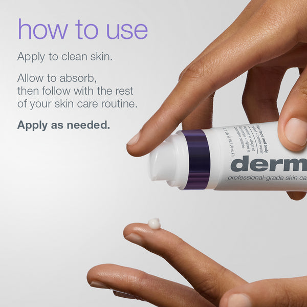 A hand dispenses a small amount of Dermalogica South Africa’s stabilizing repair face + body serum from a tube onto a fingertip. Text provides instructions for applying the serum, formulated to support the moisture barrier and deliver redness relief, especially for eczema-prone skin.