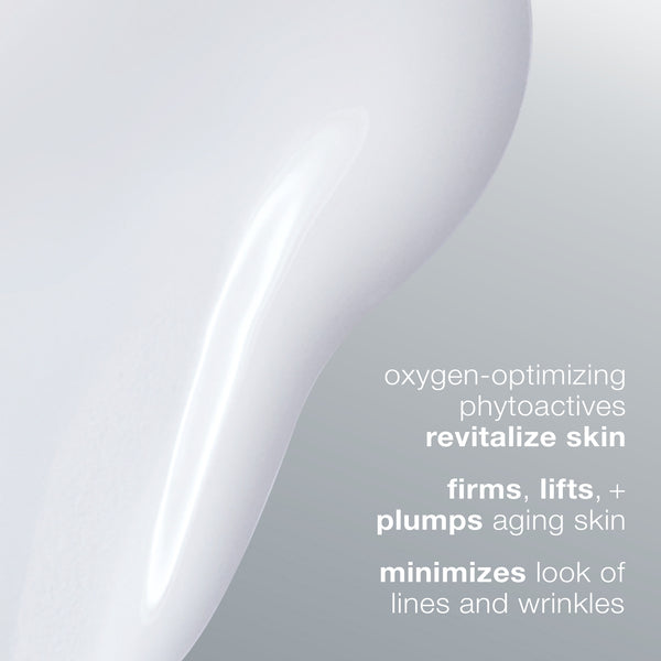 A smear of Dermalogica's phyto nature oxygen cream on a light gray background with text: oxygen-optimizing phytoactives hydrate, firm, lift, and plump skin to visibly minimize lines and wrinkles.