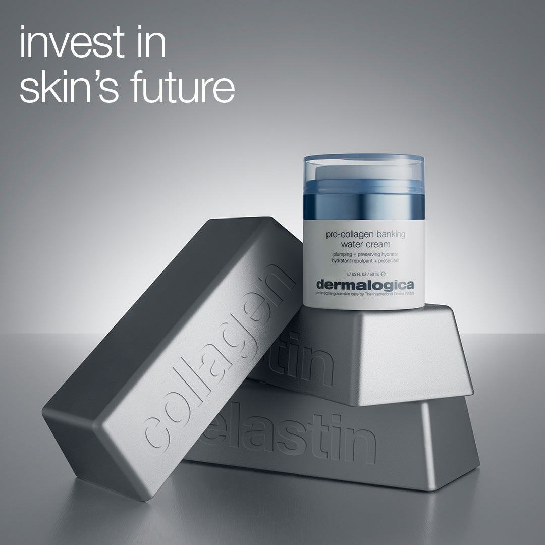 A Dermalogica South Africa pro-collagen banking water cream jar sits on silver blocks labeled collagen and elastin, with "Invest in skin’s future" above. Features a potent peptide complex for anti-aging benefits.