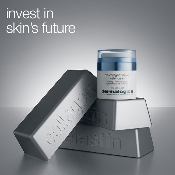 A Dermalogica South Africa pro-collagen banking water cream jar sits on silver blocks labeled collagen and elastin, with "Invest in skin’s future" above. Features a potent peptide complex for anti-aging benefits.
