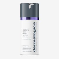 A white pump bottle of Dermalogica stabilizing repair cream with a purple band, blue and grey text, and product details. Contains 15 mL (0.5 fl oz). Formulated for sensitive skin with a ceramide-building complex.