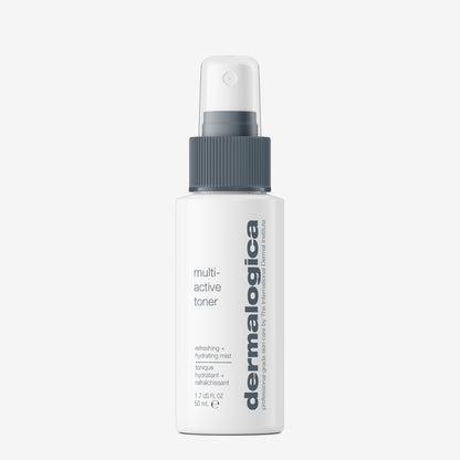 A 1.7 fl oz (50 ml) white spray bottle of Dermalogica multi active toner with a gray pump and minimalist front label, designed to boost skin hydration and moisture absorption.