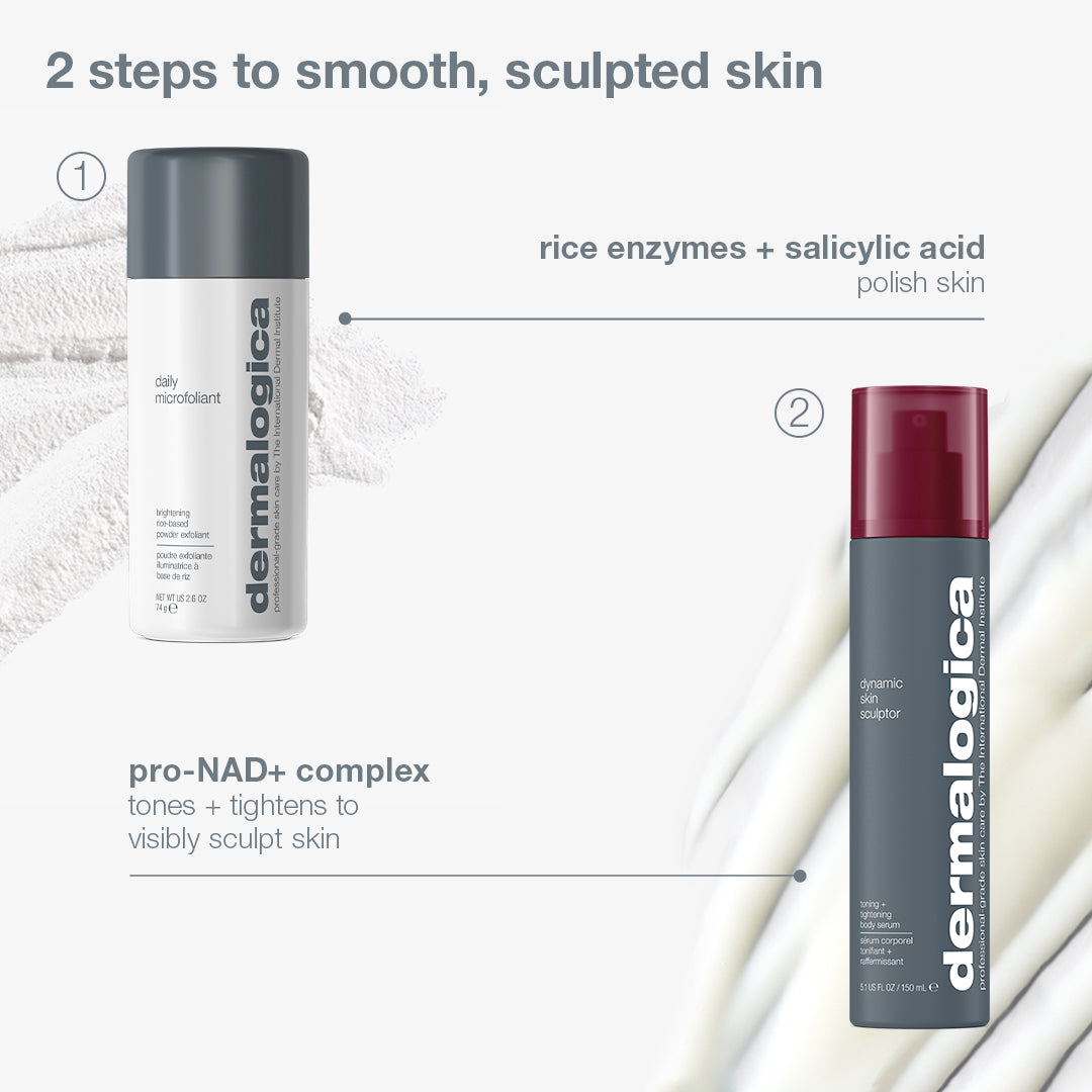 Dermalogica South Africa the body reset set (2 full-size) bottles shown with text explaining their benefits for body exfoliant and skin smoothing, including polishing, toning, and tightening the skin.