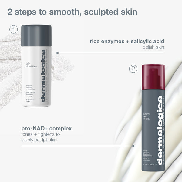 Dermalogica South Africa the body reset set (2 full-size) bottles shown with text explaining their benefits for body exfoliant and skin smoothing, including polishing, toning, and tightening the skin.