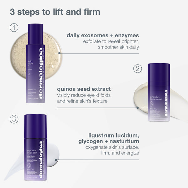 Three numbered Dermalogica the expert lift set (3 full-size) skincare products designed to lift and firm skin, each detailed with benefits for addressing skin aging.