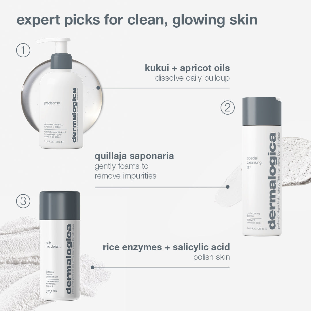 The Dermalogica South Africa expert cleanse + glow set (3 full-size) features a pump bottle for dissolving buildup, a cleansing gel for double cleansing, and a brightening powder exfoliant for polishing skin.