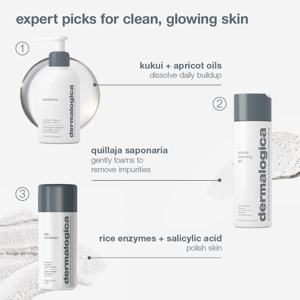 The Dermalogica South Africa expert cleanse + glow set (3 full-size) features a pump bottle for dissolving buildup, a cleansing gel for double cleansing, and a brightening powder exfoliant for polishing skin.