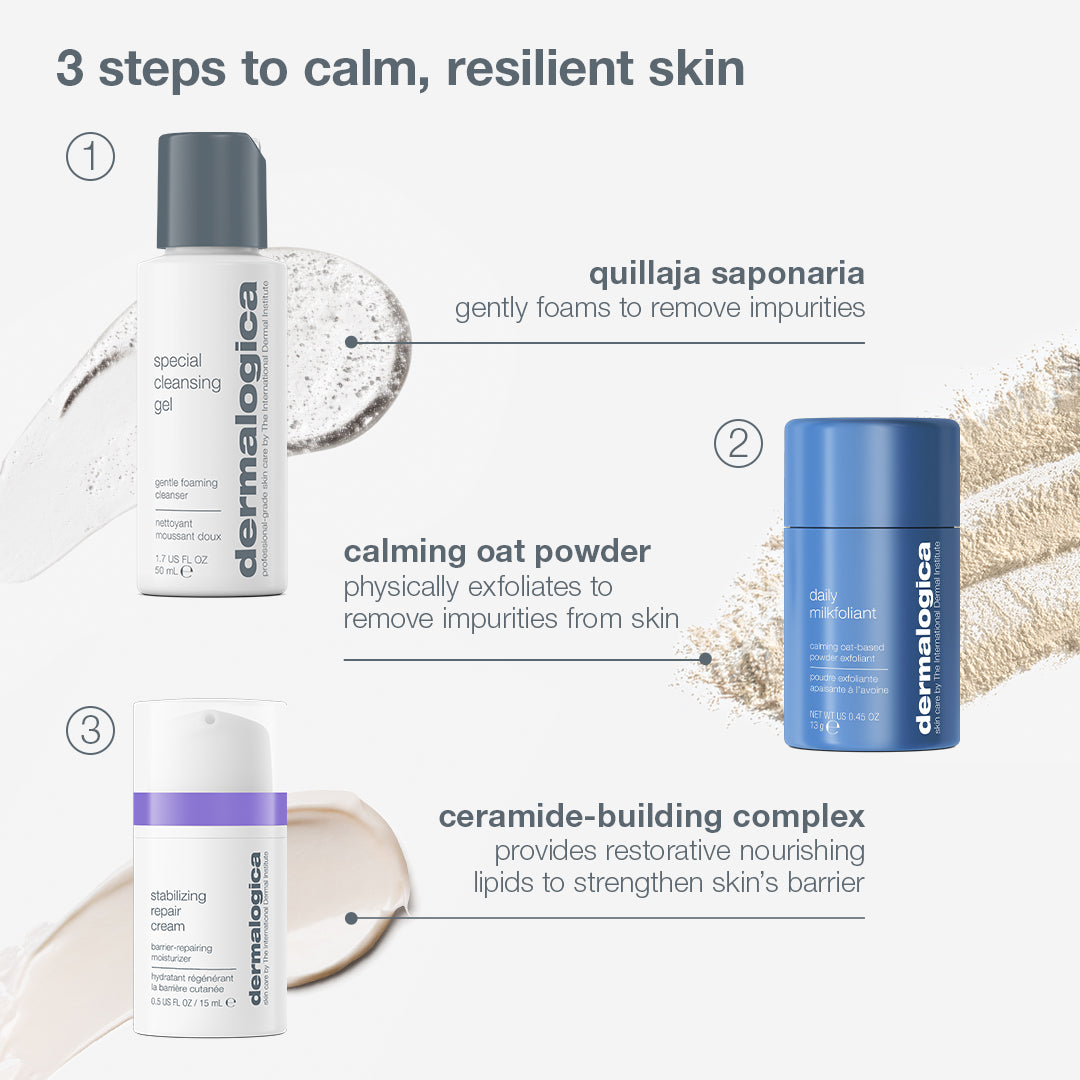 The Dermalogica South Africa expert barrier repair set (3 travel-size) features three skincare products numbered one through three, displaying their textures and benefits: a Special Cleansing Gel, a powder exfoliant, and a Stabilizing Repair Cream.
