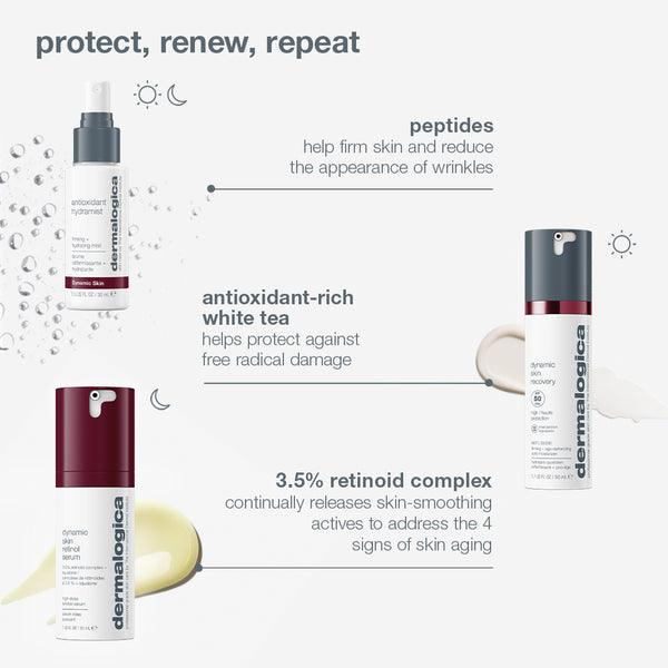 The Dermalogica South Africa expert protect + renew set displayed with a hydrating mist, a moisturizer with SPF 50, and a retinol serum to address skin aging.