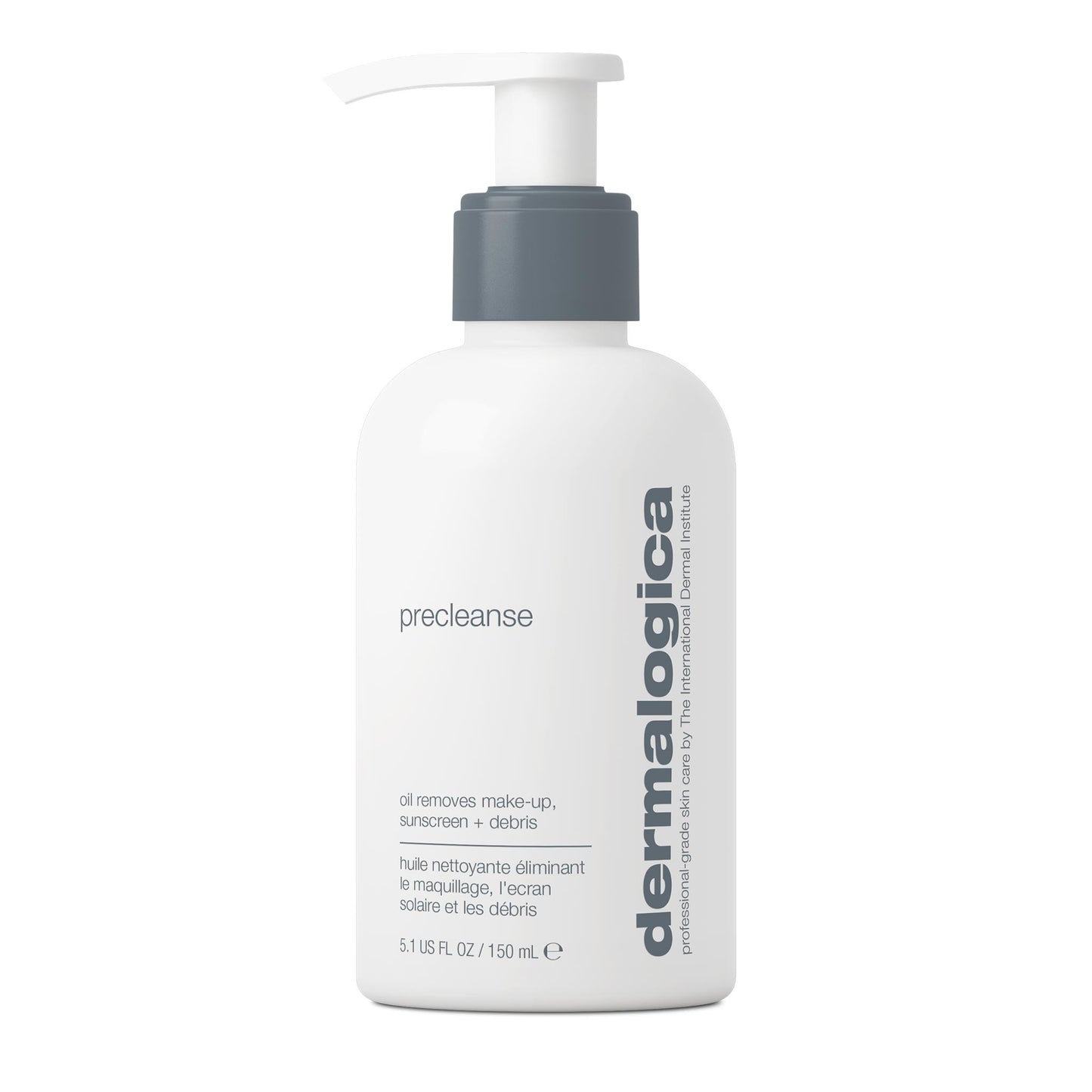 A white Dermalogica precleanse bottle with a gray pump and bilingual label, highlighting its use as a deep cleansing oil for double cleansing to remove makeup, sunscreen, and impurities.