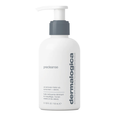 A white Dermalogica precleanse bottle with a gray pump and bilingual label, highlighting its use as a deep cleansing oil for double cleansing to remove makeup, sunscreen, and impurities.
