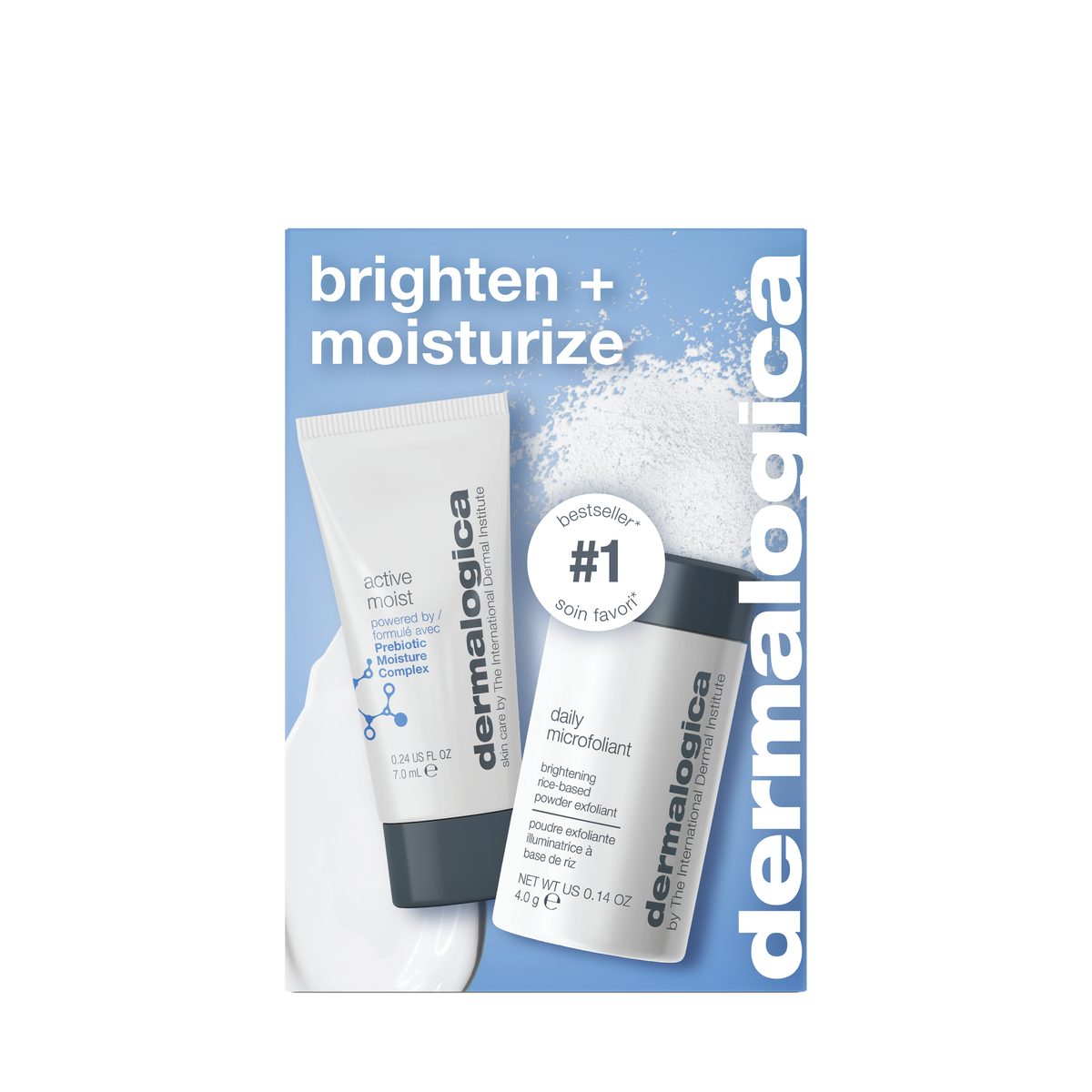 Two Dermalogica South Africa products—gift | bright + moisture duo—are displayed on a blue background with white powder, featuring the text “brighten + moisturize” and “Dermalogica South Africa.” A circular label highlights “#1 Bestseller. Skin favor.”.
