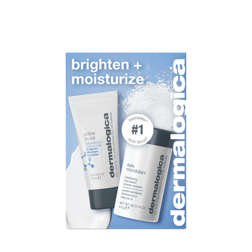Two Dermalogica South Africa products—gift | bright + moisture duo—are displayed on a blue background with white powder, featuring the text “brighten + moisturize” and “Dermalogica South Africa.” A circular label highlights “#1 Bestseller. Skin favor.”.