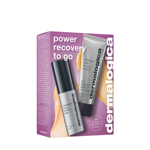 A Dermalogica South Africa gift | power recovery to go kit product box featuring a tube of face mask and a pump bottle of cream, with ingredient lists and text printed on the packaging.