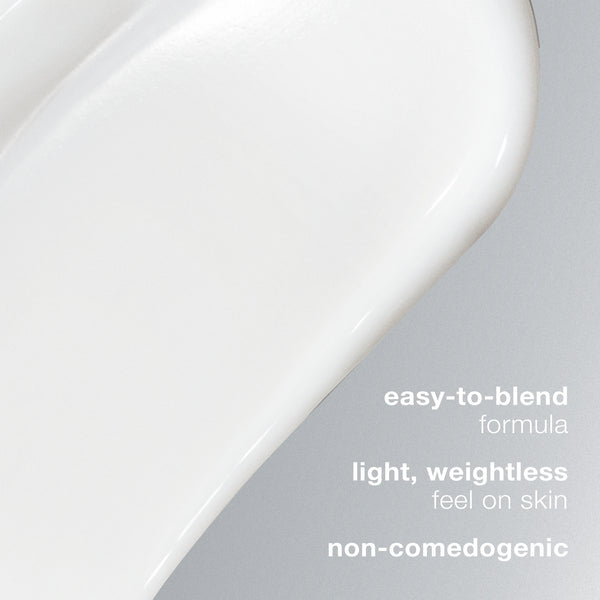 A close-up of Dermalogica active moist’s smooth, white cream on a light gray background with text: easy-to-blend formula powered by Prebiotic Moisture Complex, lightweight feel, and non-comedogenic.
