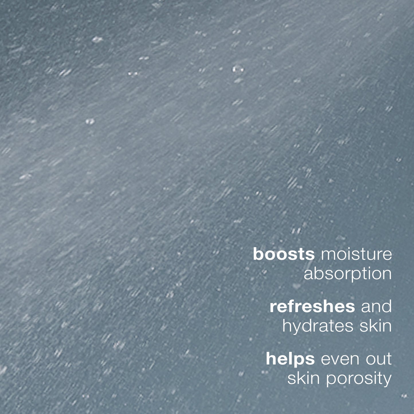 A mist of water sprays across a blue-gray background. White text on the right reads: Dermalogica multi active toner boosts moisture absorption, refreshes and hydrates skin, and evens out skin porosity as a facial toner.
