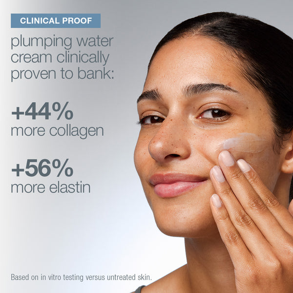 A woman with clear skin applies cream to her cheek, smiling gently. Text: Dermalogica South Africa pro-collagen banking water cream boosts collagen by 44% & elastin by 56% (in vitro vs. untreated skin). Clinically proven hydration.