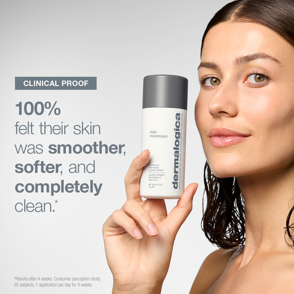 A woman holds a cylindrical bottle of Dermalogica South Africa the body reset set (2 full-size) next to text claiming 100% of users felt their skin was smoother and softer after 4 weeks of this skin smoothing treatment.