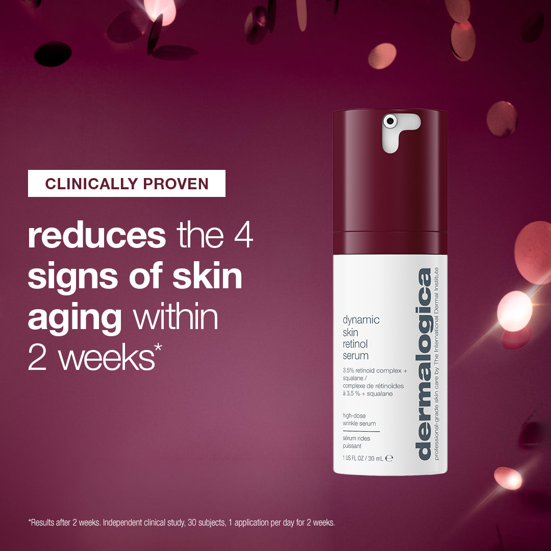 A bottle of retinol serum from the Dermalogica South Africa expert protect + renew set next to text stating it is clinically proven to reduce the four signs of skin aging within two weeks.