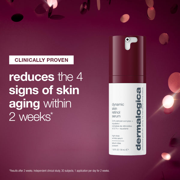 A bottle of retinol serum from the Dermalogica South Africa expert protect + renew set next to text stating it is clinically proven to reduce the four signs of skin aging within two weeks.