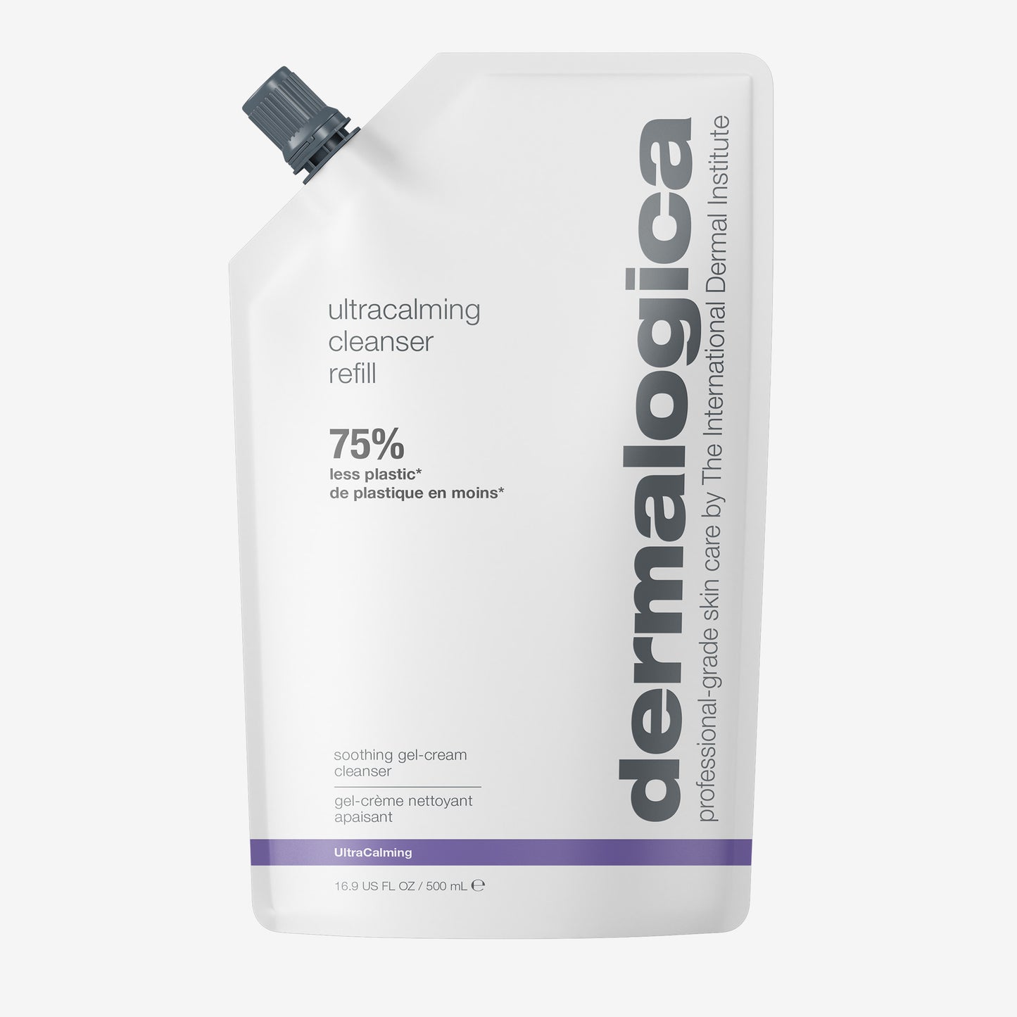 A refill pouch of Dermalogica ultracalming cleanser, a gentle gel for sensitive skin, uses 75% less plastic. The white pouch with a purple stripe near the bottom displays black and gray product details.