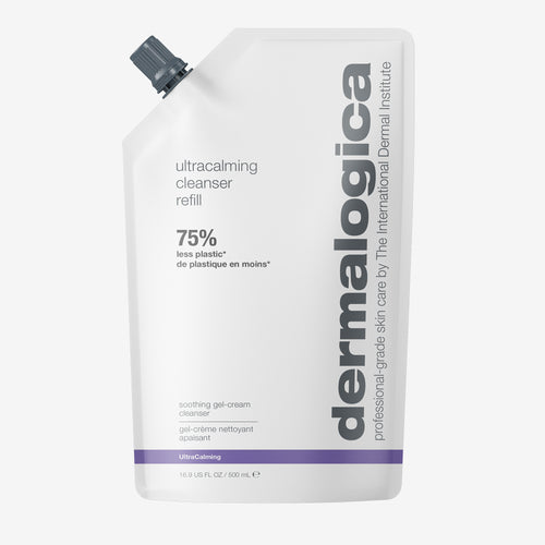 A refill pouch of Dermalogica ultracalming cleanser, a gentle gel for sensitive skin, uses 75% less plastic. The white pouch with a purple stripe near the bottom displays black and gray product details.
