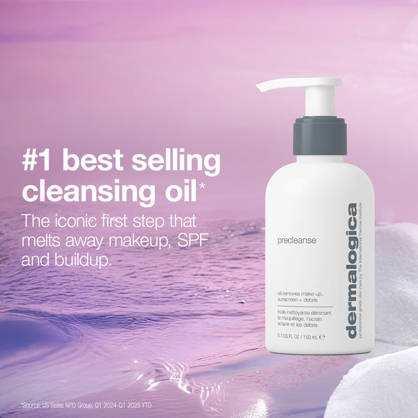 A white pump bottle of Dermalogica South Africa expert cleanse + glow set cleansing oil against a lavender water background, perfect for makeup removal and melting away SPF and buildup.