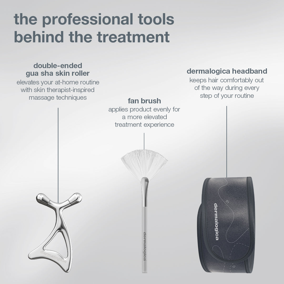 An infographic of the ultimate expertise set, featuring a silver gua sha roller, a fan brush, and a grey headband as tools to complement your daily microfoliant and retinol serum skincare routine.