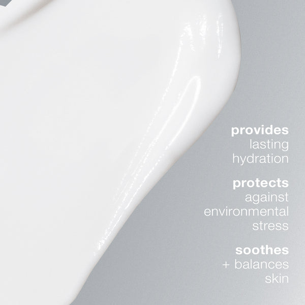 Dermalogica skin smoothing cream, a creamy white skincare product, is shown on a gray background. Text reads: powered by Hyaluronic Acid Complex for continuous hydration, protects against environmental stress, soothes and balances skin.