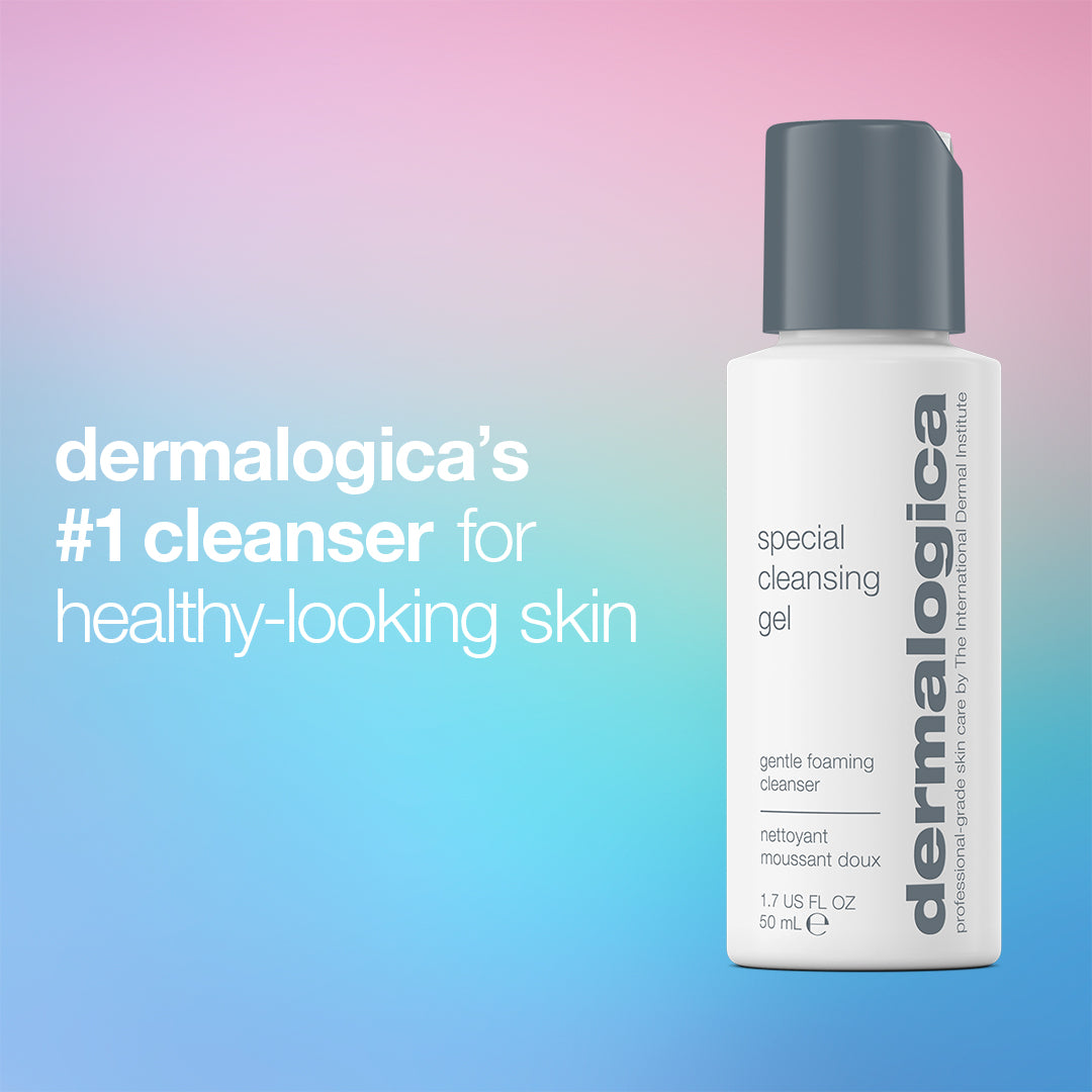 A travel-size bottle of Special Cleansing Gel from the expert barrier repair set (3 travel-size) beside text that reads dermalogicas #1 cleanser for healthy-looking skin, formulated to respect the skin’s barrier.