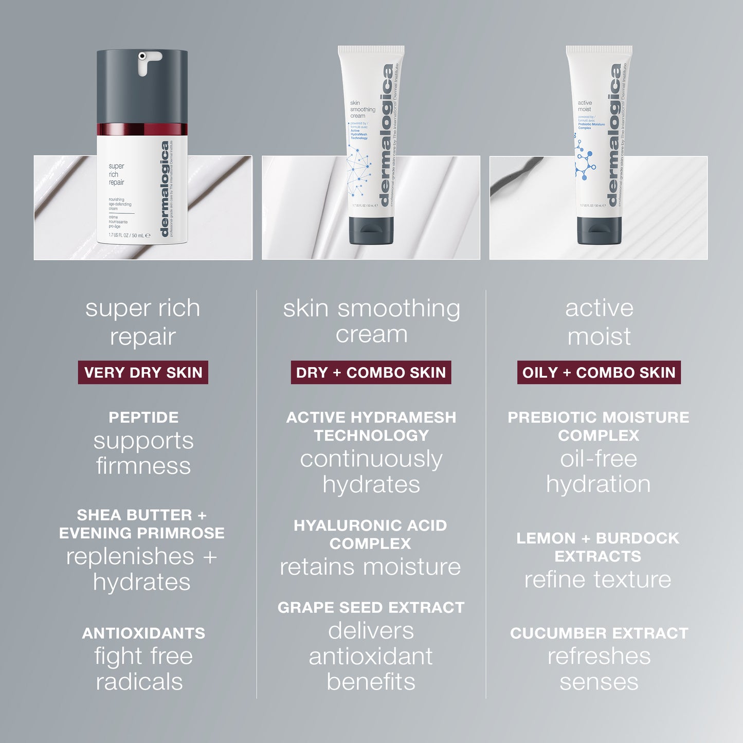 Three Dermalogica products are shown: Super Rich Repair with shea butter for very dry skin, Skin Smoothing Cream for dry/combination skin, and Active Moist for oily/combination skin, each listing key ingredients and benefits.