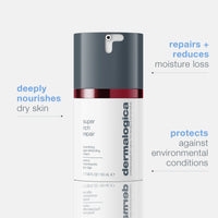 A white and gray 100 mL bottle of Dermalogica super rich repair, an age-redefining dry skin treatment cream, features a red stripe at the bottom.