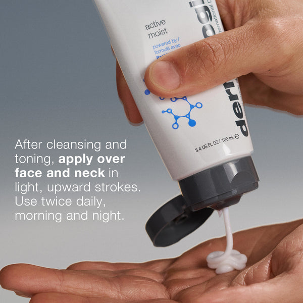 A hand dispenses Dermalogica active moist onto the palm. Apply to face and neck in upward strokes, morning and night, after cleansing and toning to help target surface dehydration.