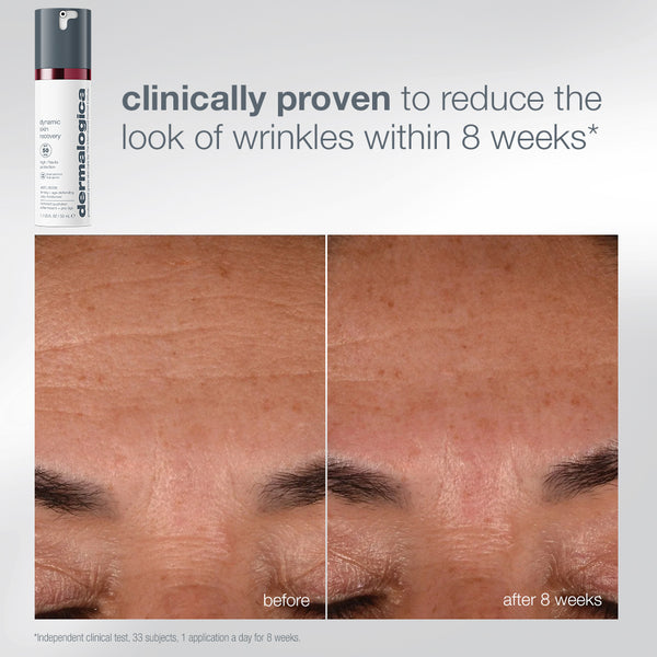 A bottle of Dermalogica South Africa expert protect + renew set next to a before-and-after comparison of a person’s forehead showing a reduction in the appearance of wrinkles after eight weeks of use.