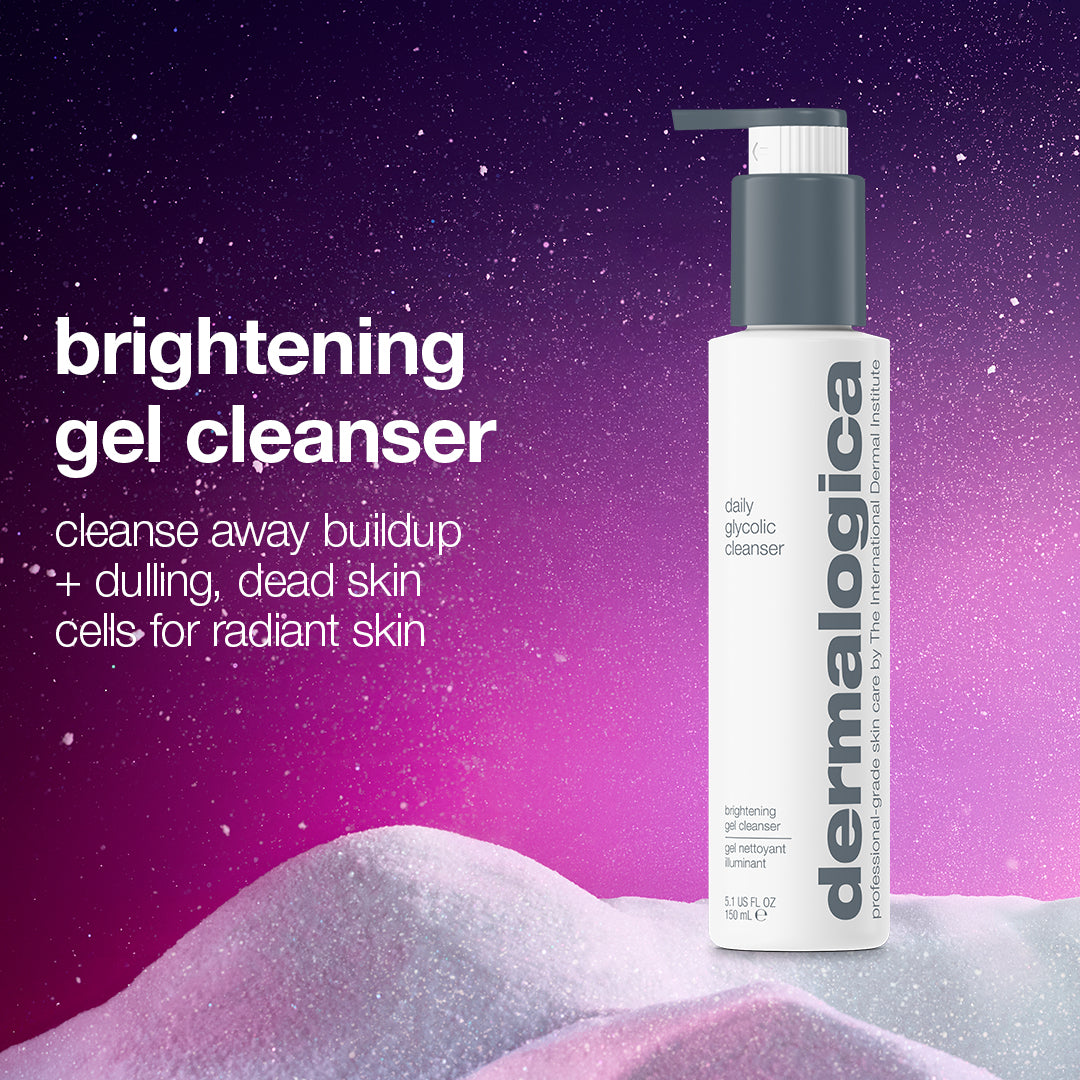 A pump bottle of the ultimate expertise set daily glycolic cleanser against a purple gradient background, presented as a brightening gel cleanser that removes dull skin cells to combat skin aging.