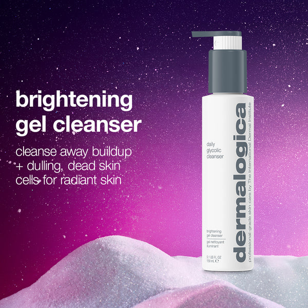 A pump bottle of the ultimate expertise set daily glycolic cleanser against a purple gradient background, presented as a brightening gel cleanser that removes dull skin cells to combat skin aging.