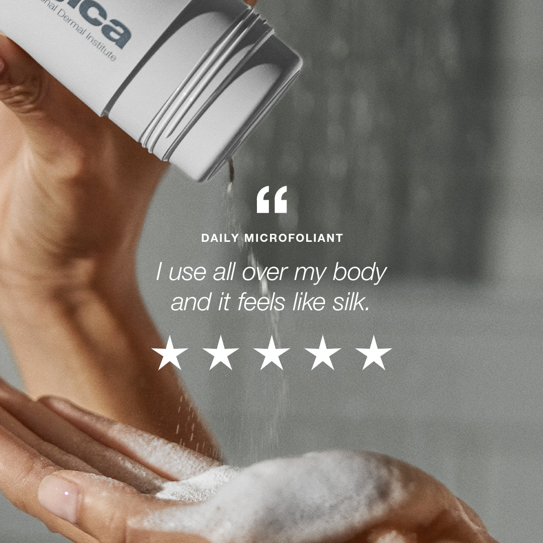 A hand pours white Daily Microfoliant powder from the body reset set (2 full-size) into a palm, with text overlay reading I use all over my body and it feels like silk and five stars for skin smoothing results.