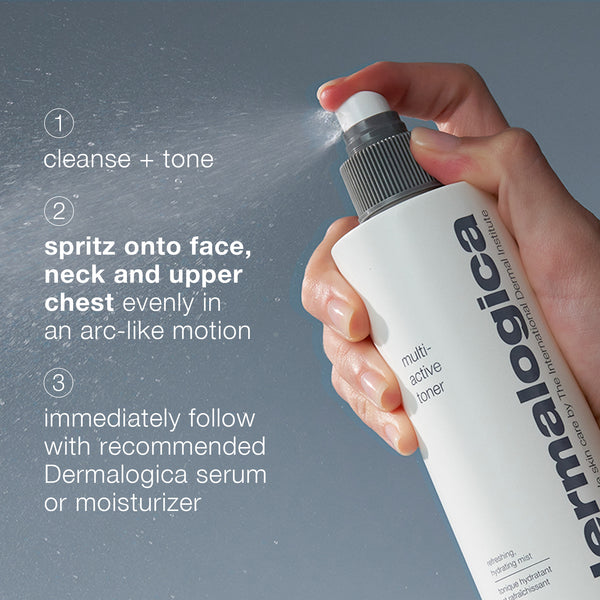 A hand sprays Dermalogica's multi active toner from a white bottle as text outlines three steps: cleanse and tone, spritz multi active toner onto face, neck, and chest to hydrate skin, then apply serum or moisturizer.
