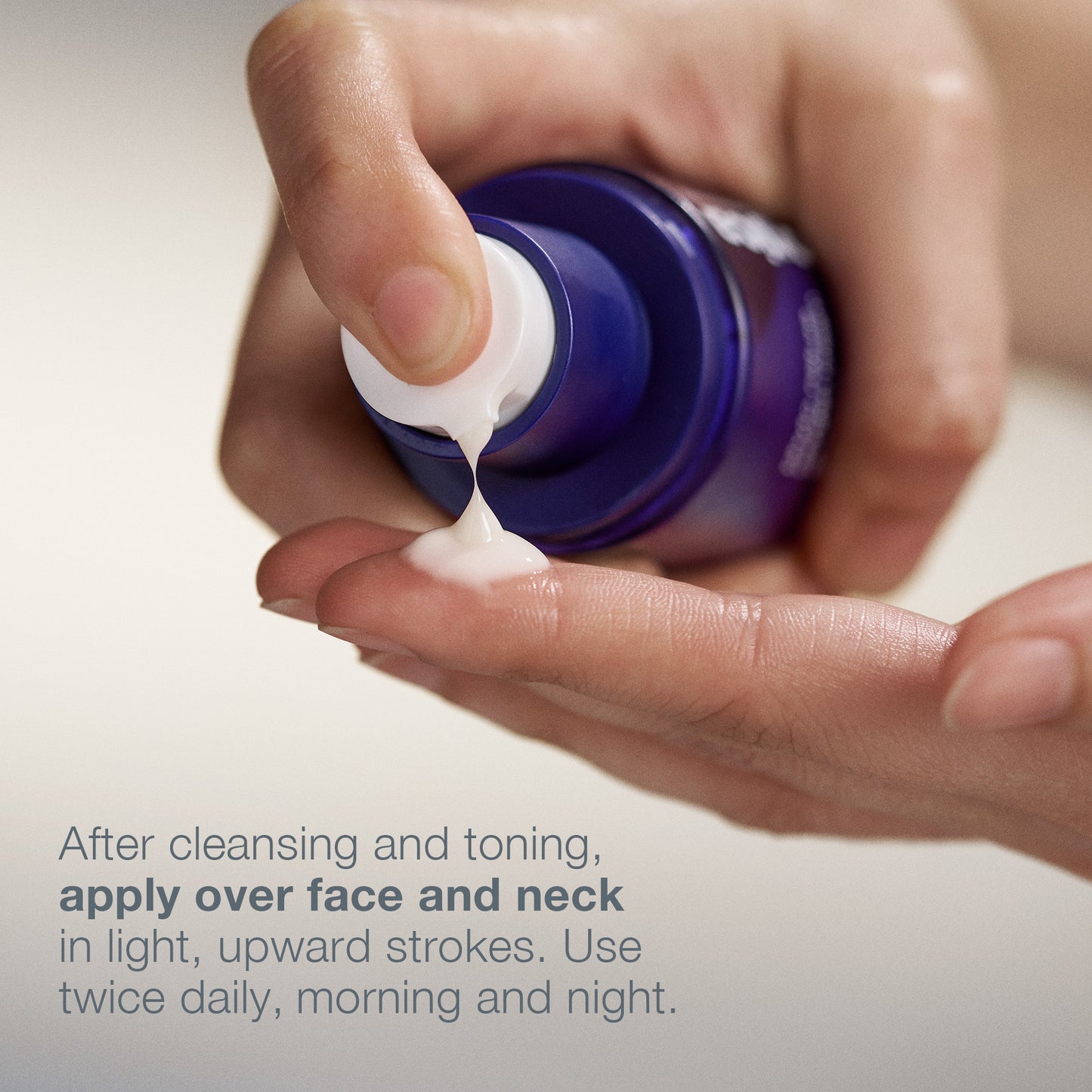 A hand dispenses Dermalogica phyto nature oxygen cream onto a fingertip. Text instructs: After cleansing and toning, apply to face and neck with upward strokes twice daily, morning and night.