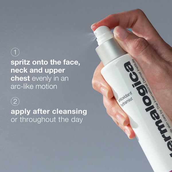 A hand sprays a white Dermalogica antioxidant hydramist bottle. Text on the left says: 1. spritz onto face, neck, and chest to hydrate and firm skin. 2. use after cleansing or anytime throughout the day.