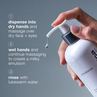 A white Dermalogica precleanse bottle with a gray pump and bilingual label, highlighting its use as a deep cleansing oil for double cleansing to remove makeup, sunscreen, and impurities.
