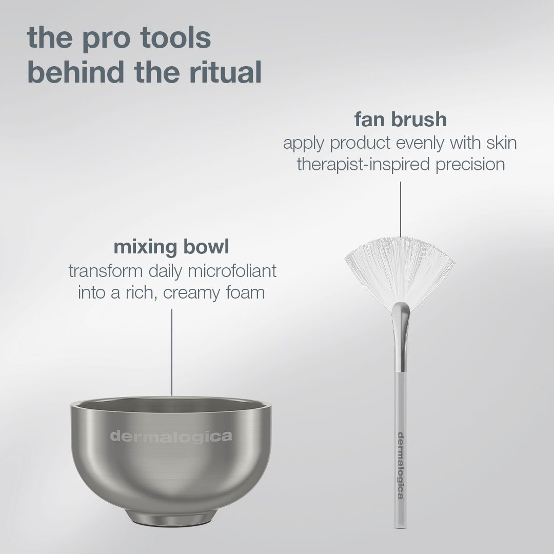 A metal mixing bowl and fan brush from the Dermalogica South Africa pro ritual: exfoliate + glow set; the bowl transforms exfoliants into a rich foam while the brush ensures precise coverage for glowing skin.