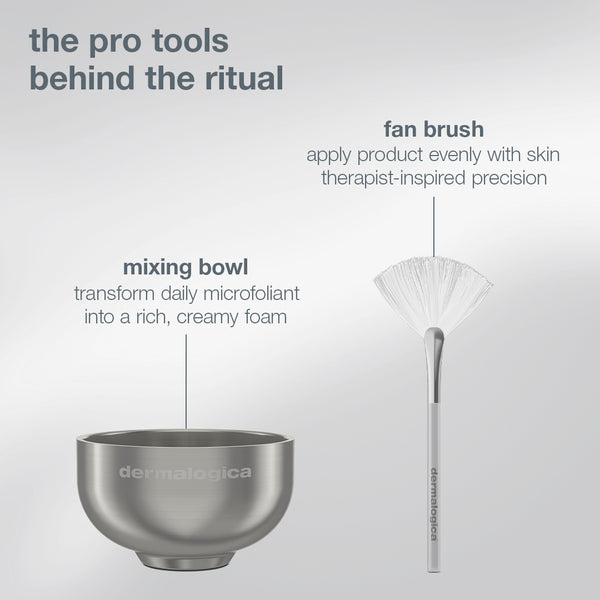 A metal mixing bowl and fan brush from the Dermalogica South Africa pro ritual: exfoliate + glow set; the bowl transforms exfoliants into a rich foam while the brush ensures precise coverage for glowing skin.