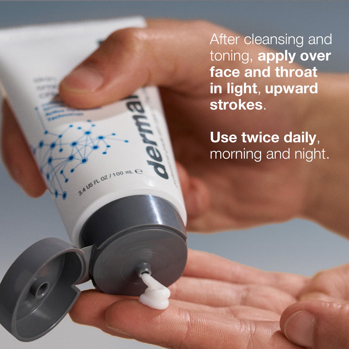 A person dispenses Dermalogica's skin smoothing cream onto their fingertip, then applies it over the face and throat in light, upward strokes. Use twice daily for continuous hydration.