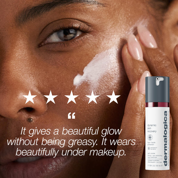 A person applies white SPF 50 cream to their cheek next to a five-star rating and a bottle of retinol serum from the Dermalogica South Africa expert protect + renew set (2 full-size + 1 travel).
