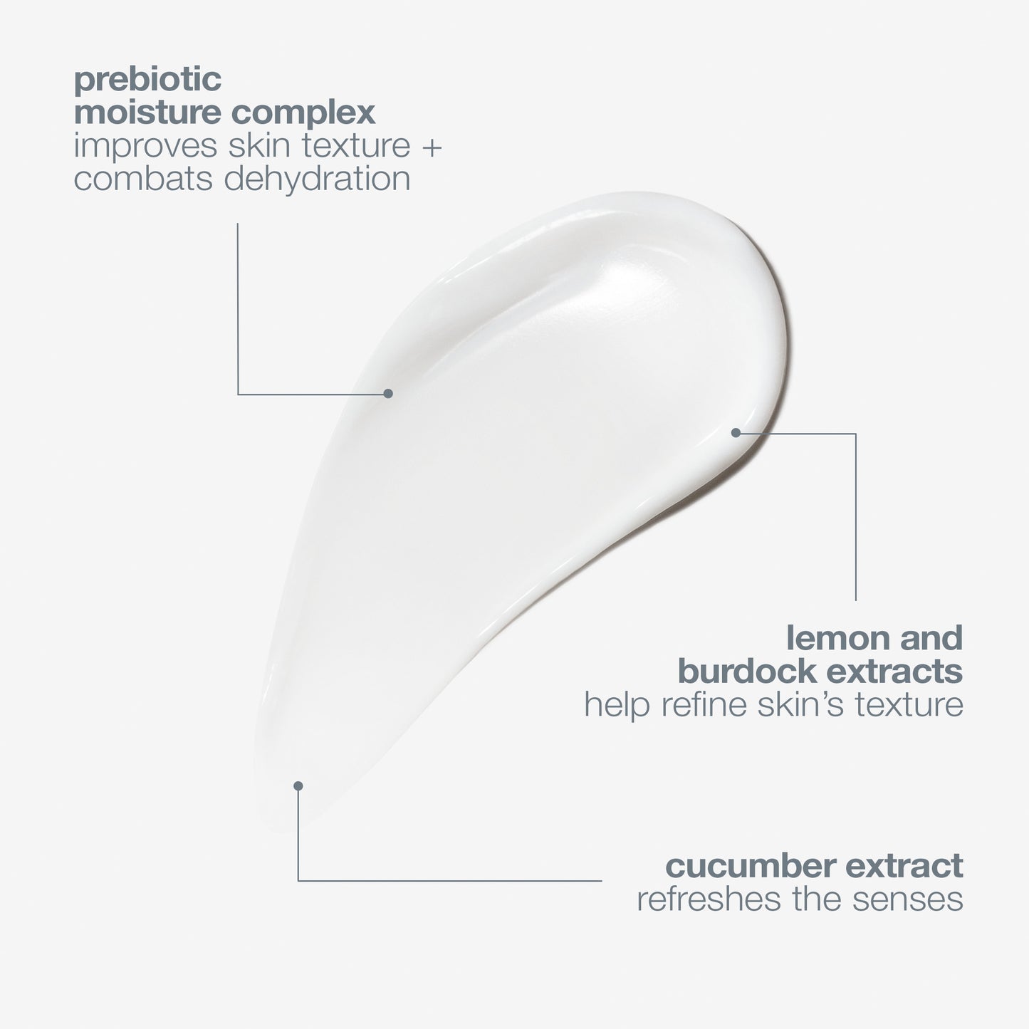 A clear gel swatch with text highlights Dermalogica active moist: Prebiotic Moisture Complex (improves skin texture, combats dehydration); lemon and burdock extracts (refine); cucumber extract (refreshes).