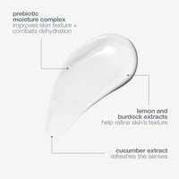 A white tube of Dermalogica active moist moisturizer with a grey cap stands upright on a white background. The front features blue molecular graphics and grey text. It’s powered by a Prebiotic Moisture Complex to combat surface dehydration.